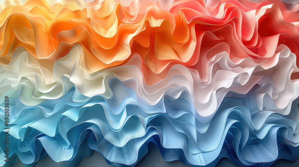 Obraz premium A colorful ribbon with blue, orange, and white stripes. The ribbon is made of paper and has a wavy texture. The colors of the ribbon are bright and cheerful, giving the impression of a happy