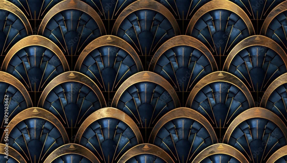 A seamless pattern with digital art of an elegant dark blue and gold fan-shaped scale A seamless pattern with digital art of an elegant dark blue and gold fan-shaped scale