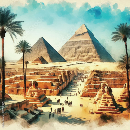 Old Pyramids watercolor style painting 