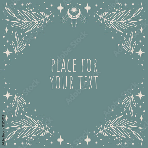 Blue magic vector frame with plants, moon, stars. Mystic frame for tarot, esoteric, astrology design. Template for poster and prints.
