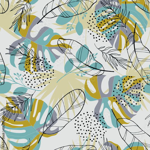 Seamless pattern with tropical plants and leaves. Floral seamless vector tropical pattern background with exotic leaves, jungle leaf. Exotic wallpaper, Hawaiian style.