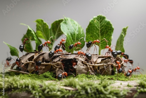 A group of ants are crawling on a leafy green plant