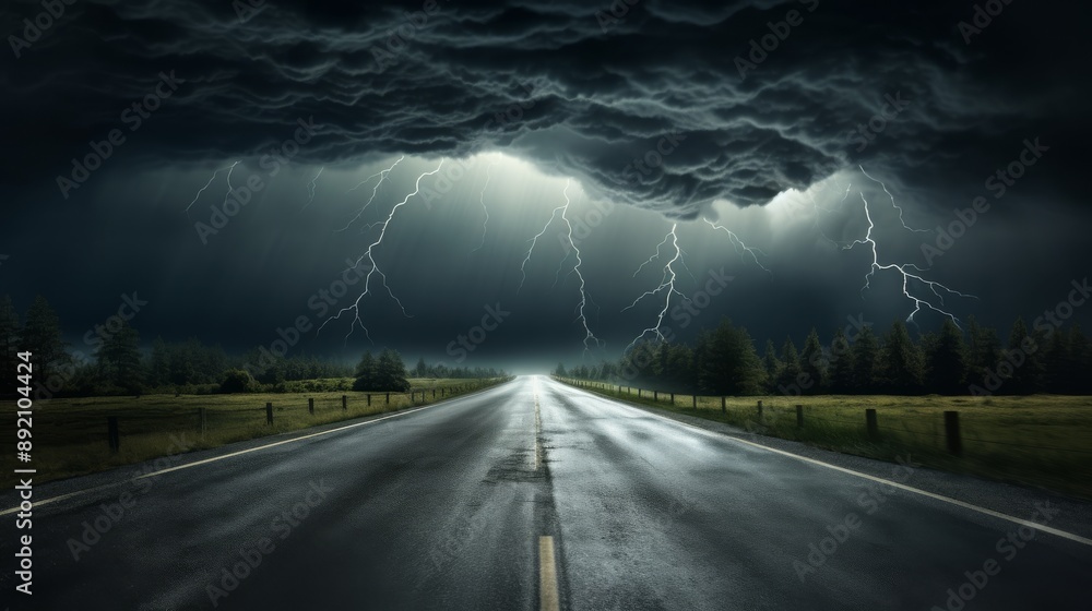 Empty road leading into a fierce storm with heavy rain Empty road leading into a fierce storm with heavy rain