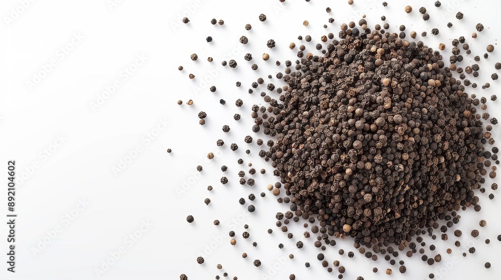 Black pepper seeds heap isolated on a white top-down view. Black pepper seeds heap isolated on a white top-down view.