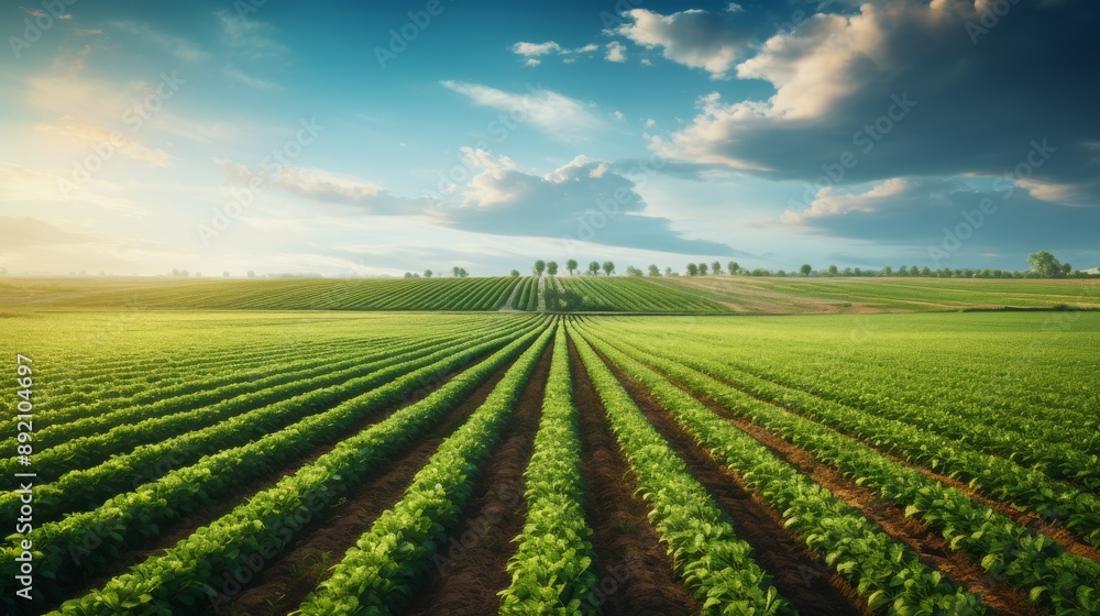 Expansive farmland with neat rows of crops and a bright horizon Expansive farmland with neat rows of crops and a bright horizon