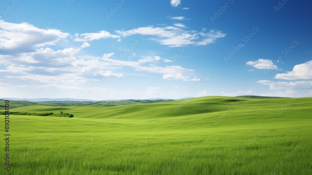 Expansive green field with rolling hills and a clear horizon Expansive green field with rolling hills and a clear horizon