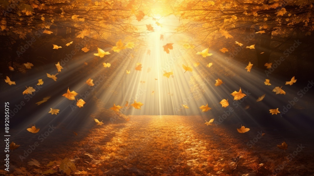 Falling leaves in an autumn forest with sun rays Falling leaves in an autumn forest with sun rays