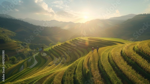 Farmers planting rice in Mu Cang Chai's terraced fields under a bright sun