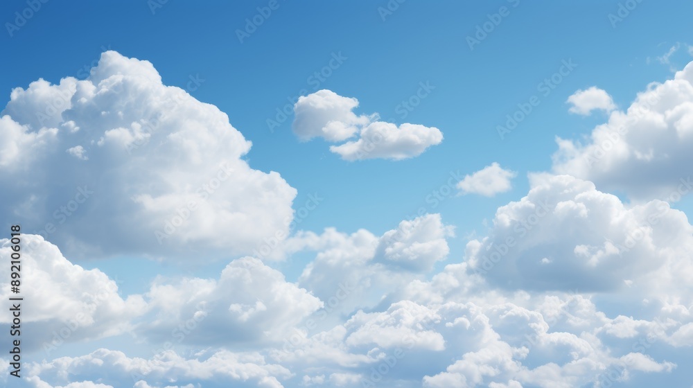 Fluffy cumulus clouds floating in a clear blue sky ideal for text overlay Fluffy cumulus clouds floating in a clear blue sky ideal for text overlay