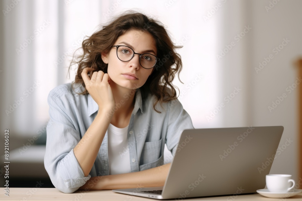 Focused young woman working on a laptop with a serious look Isolated on white background Focused young woman working on a laptop with a serious look Isolated on white background