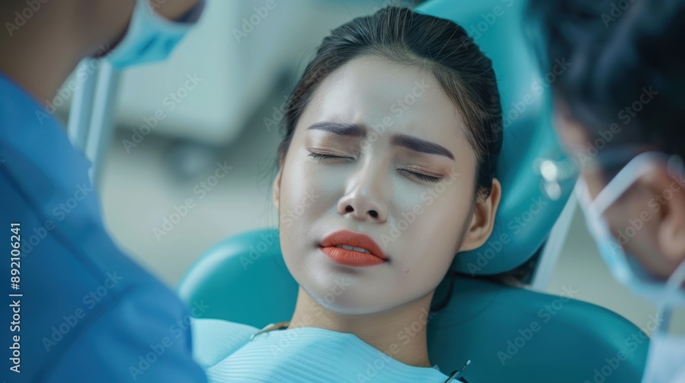 Asian woman experiencing discomfort at the dentist, Asian woman with eyes closed, showing tooth pain while receiving dental treatment Asian woman experiencing discomfort at the dentist, Asian woman with eyes closed, showing tooth pain while receiving dental treatment