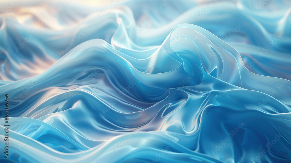 Obraz premium The image is a blue and white abstract painting of a wave. The blue color is dominant and the white color is used to create a contrast. The painting has a dreamy and calming mood