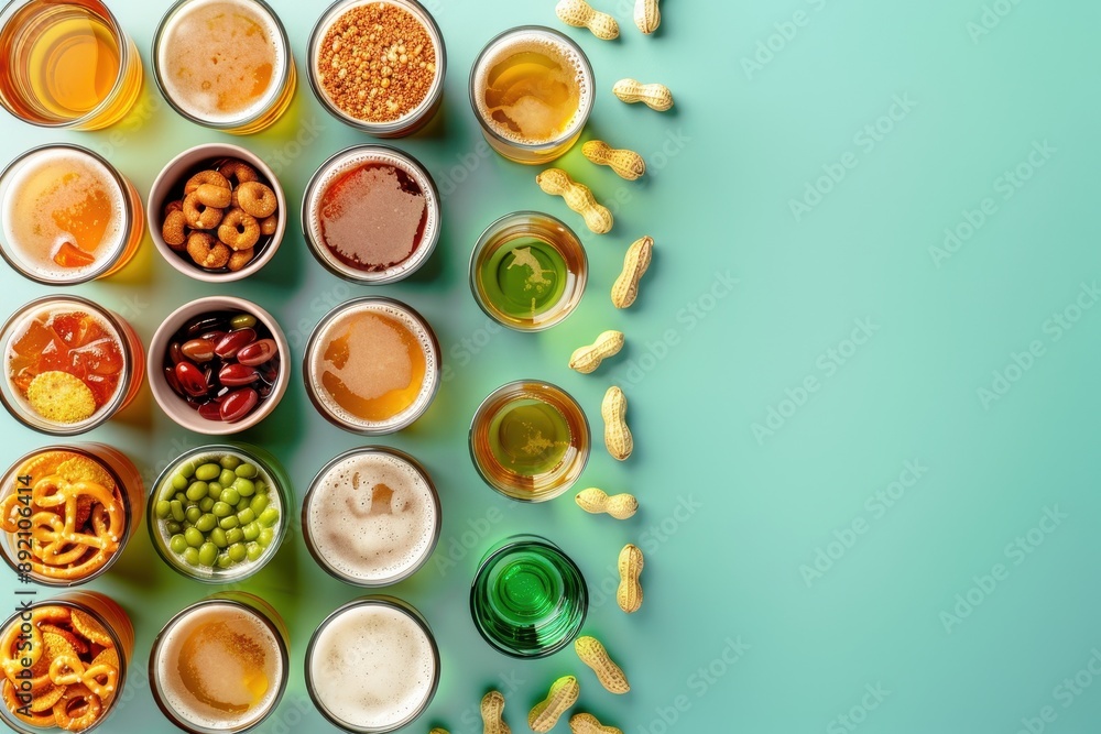 table with a variety of snacks and drinks, including chips, pretzels, and beer table with a variety of snacks and drinks, including chips, pretzels, and beer