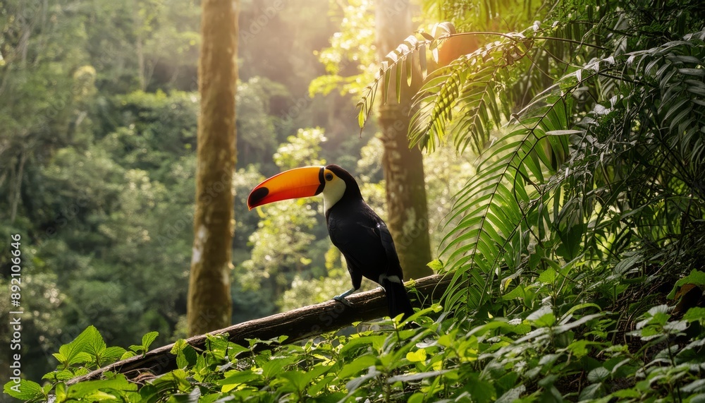 Lush Tropical Jungle Landscape with Toucan Perched Among Greenery Lush Tropical Jungle Landscape with Toucan Perched Among Greenery