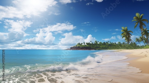 Golden sandy beach with gentle surf, tropical island, and clear sunny skies