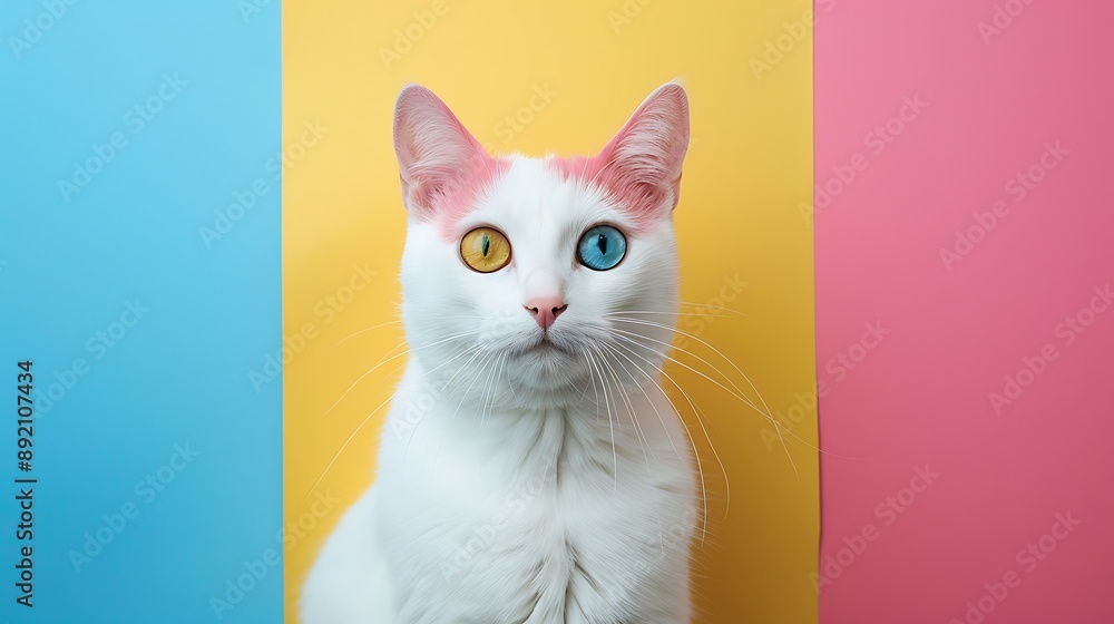 A cat of the exotic breed with heterochromia poses for a portrait isolated on colorful background A cat of the exotic breed with heterochromia poses for a portrait isolated on colorful background