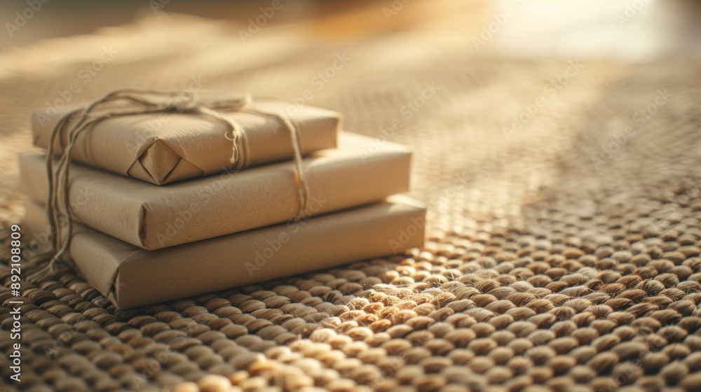 Brown Paper Wrapped Gifts on Woven Surface Brown Paper Wrapped Gifts on Woven Surface