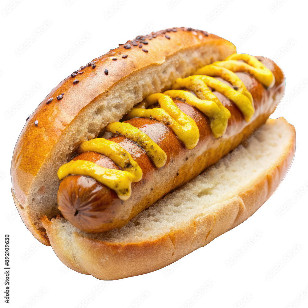 Grilled bratwurst with mustard on bun isolated on transparent background Grilled bratwurst with mustard on bun isolated on transparent background