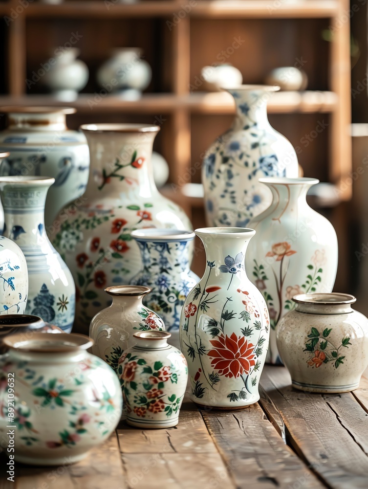 A collection of antique porcelain vases with floral patterns, arranged on a wooden table. A collection of antique porcelain vases with floral patterns, arranged on a wooden table.