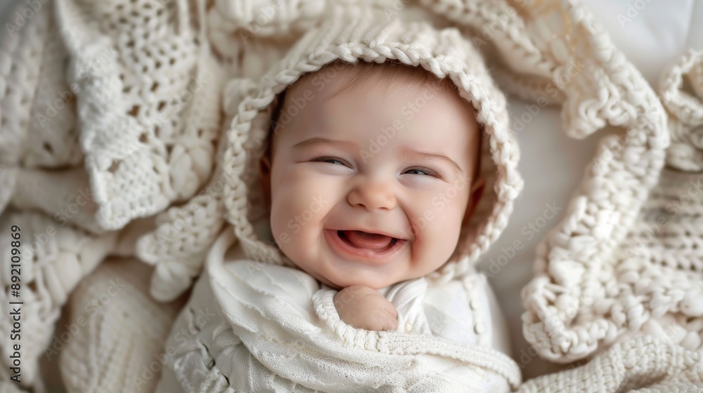 Laughing Caucasian baby wrapped in a cozy blanket background is clear and clean Laughing Caucasian baby wrapped in a cozy blanket background is clear and clean