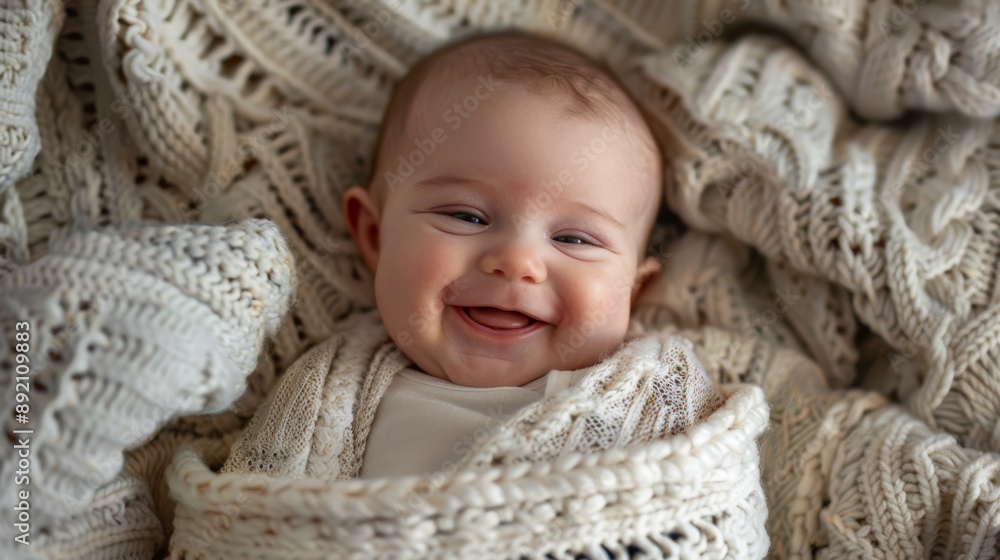 Laughing Caucasian baby wrapped in a cozy blanket background is clear and clean Laughing Caucasian baby wrapped in a cozy blanket background is clear and clean