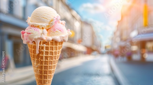 Delicious Melting Ice Cream Cone Outdoors