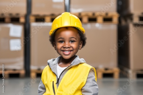 Little African youngster wearing a safety helmet waiting at a warehouse for delivery Isolated on white background