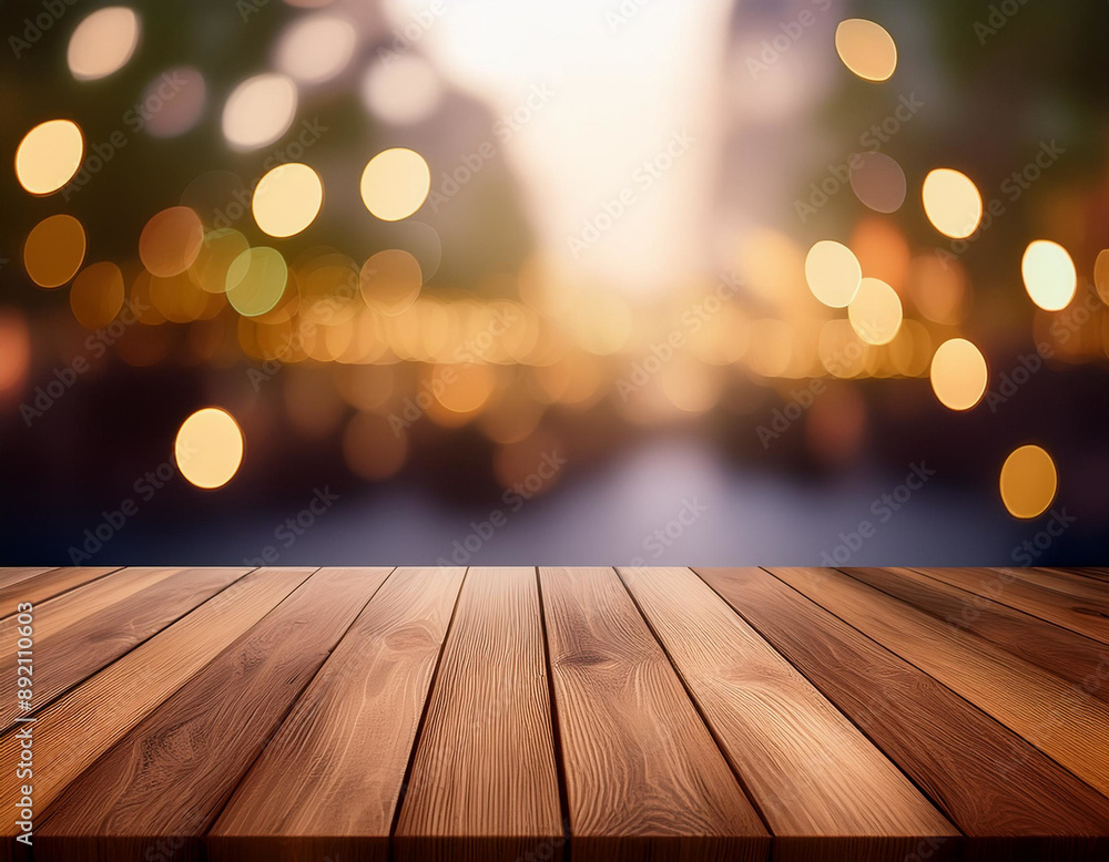 Serene Display: Wooden Board with Blurred Bokeh Serene Display: Wooden Board with Blurred Bokeh