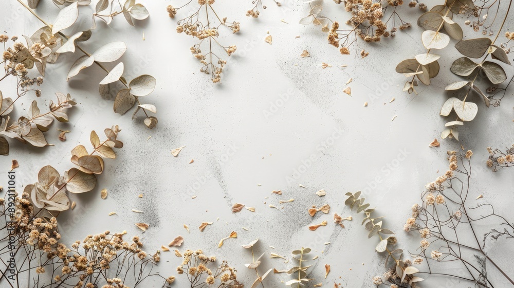 Eucalyptus branches and dried flowers arrangement on white surface Overhead view with space for text Picture Eucalyptus branches and dried flowers arrangement on white surface Overhead view with space for text Picture
