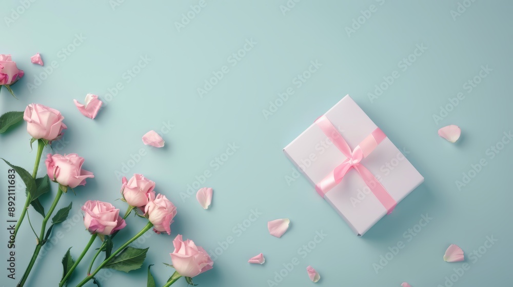 Pink Roses and Gift Box on Blue Background Pink Roses and Gift Box on Blue Background