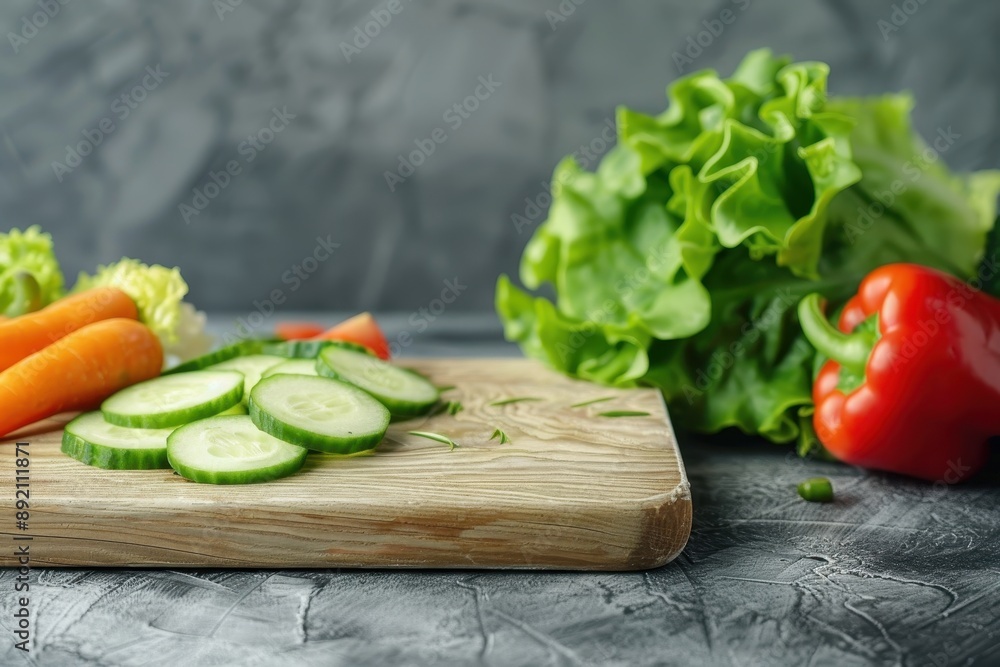 A wooden cutting board with a variety of vegetables including cucumbers A wooden cutting board with a variety of vegetables including cucumbers