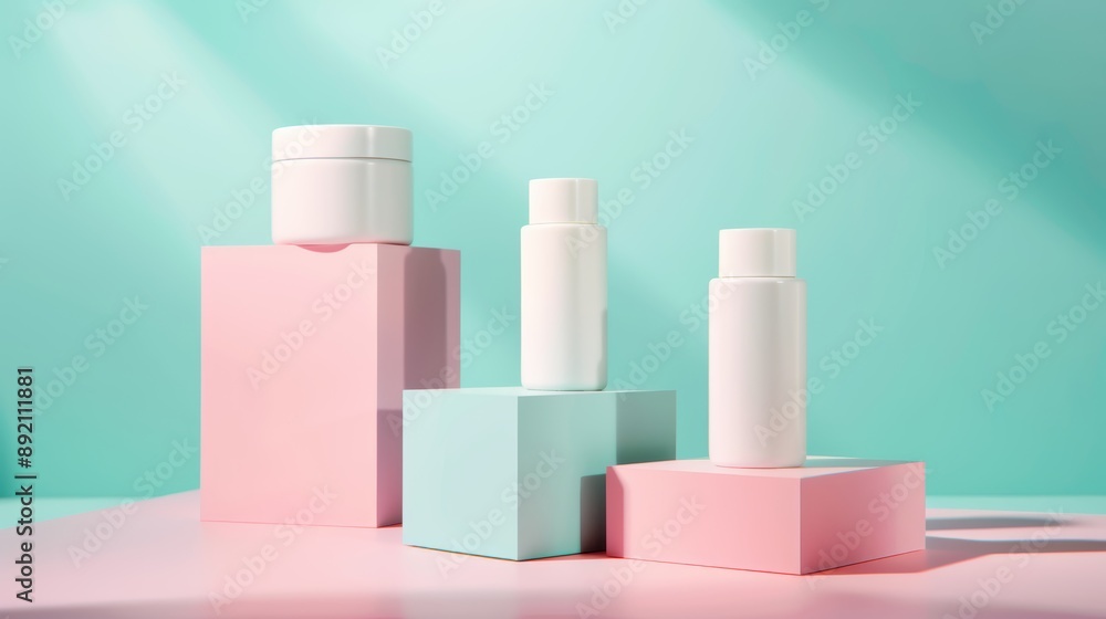Minimalist Skincare Bottles on Pastel Blocks Minimalist Skincare Bottles on Pastel Blocks