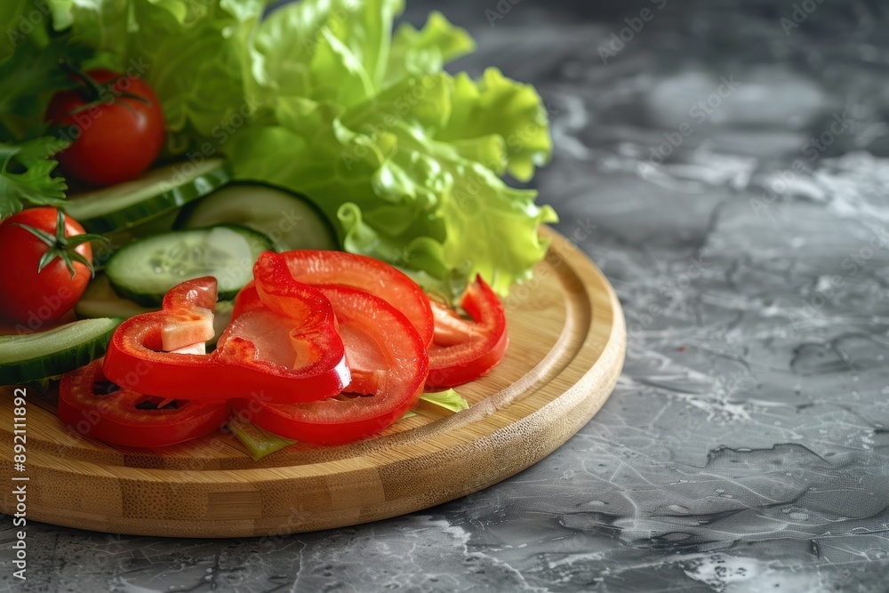 A wooden cutting board with a variety of vegetables including cucumbers A wooden cutting board with a variety of vegetables including cucumbers