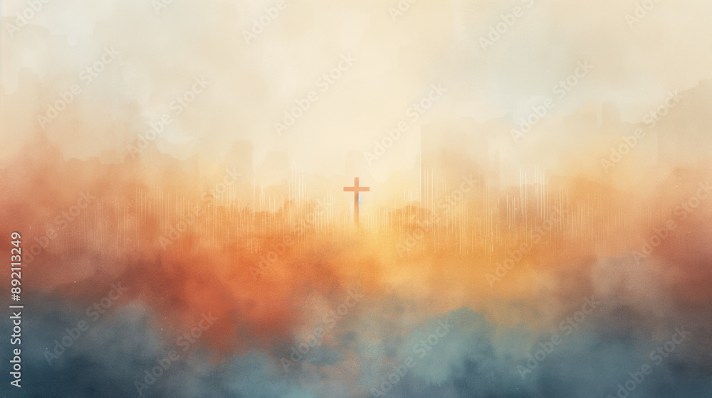 Naklejka premium A painting of a cross in a city with a blue sky