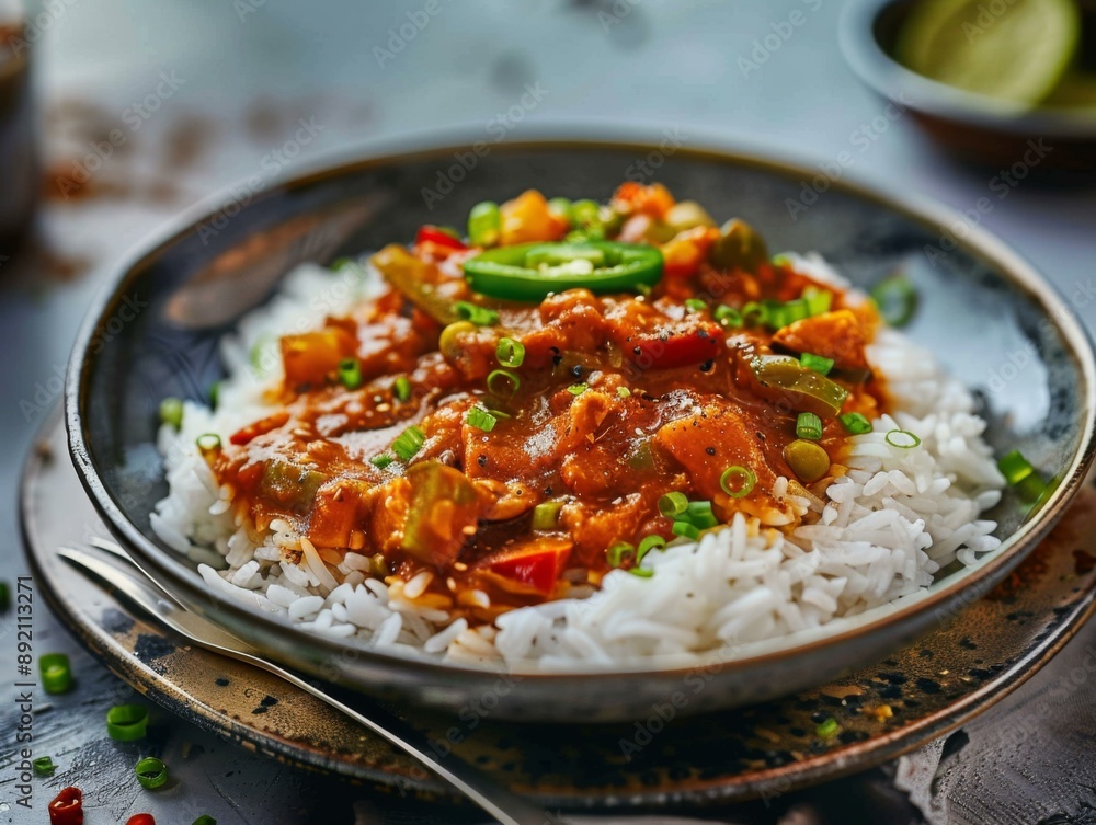 A bowl of rice with meat and vegetables on top. AI. A bowl of rice with meat and vegetables on top. AI.