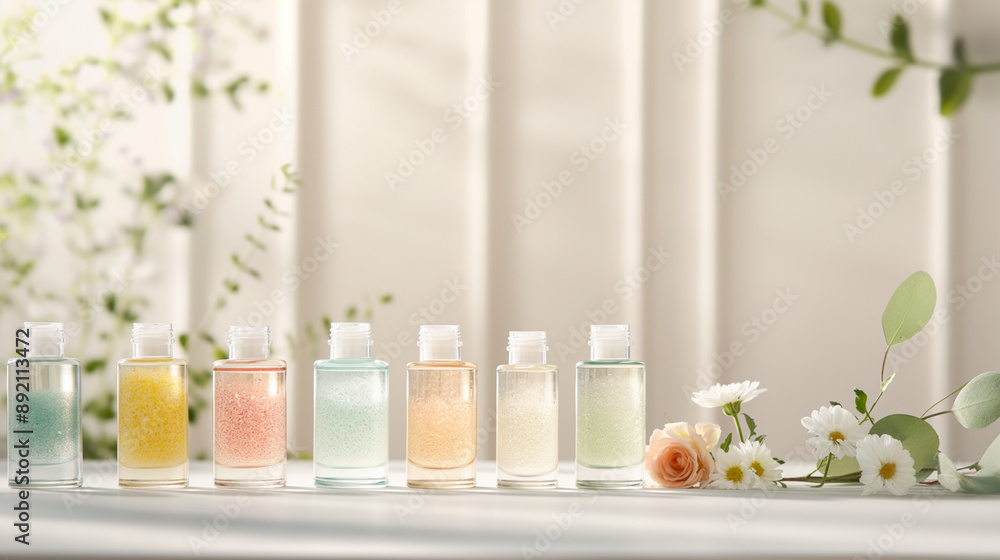 A row of colorful bottles of perfume are lined up on a table A row of colorful bottles of perfume are lined up on a table