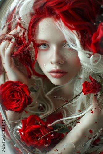 A close up of a woman with red hair and roses. AI.