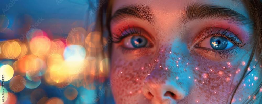 Close up of a woman's face with colorful glitter and bokeh lights in the background. Close up of a woman's face with colorful glitter and bokeh lights in the background.