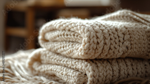 Cozy Comfort: Hand-Knit Warmth for Cold Days. A crocheted blanket folded neatly. Generative ai illustration.