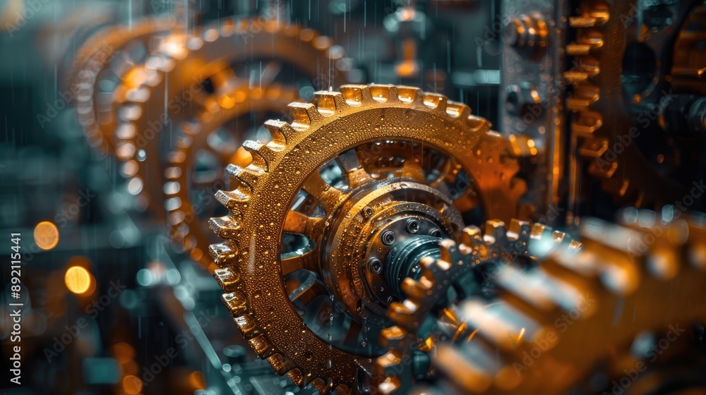 Close-up of interlocking gears in a machine, showcasing intricate mechanical components and industrial engineering in operation. Close-up of interlocking gears in a machine, showcasing intricate mechanical components and industrial engineering in operation.
