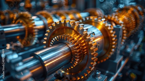 Close-up of metallic gears in a factory setting, showcasing precision engineering and industrial machinery with a focus on mechanical components.