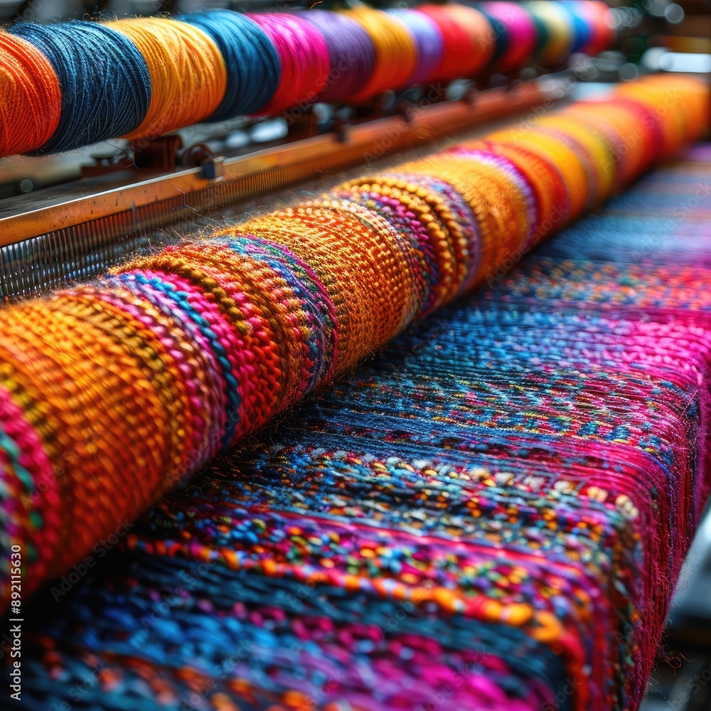 Colorful yarn spools on weaving machine creating vibrant textile fabric. Bright threads tightly woven into intricate patterns. Colorful yarn spools on weaving machine creating vibrant textile fabric. Bright threads tightly woven into intricate patterns.