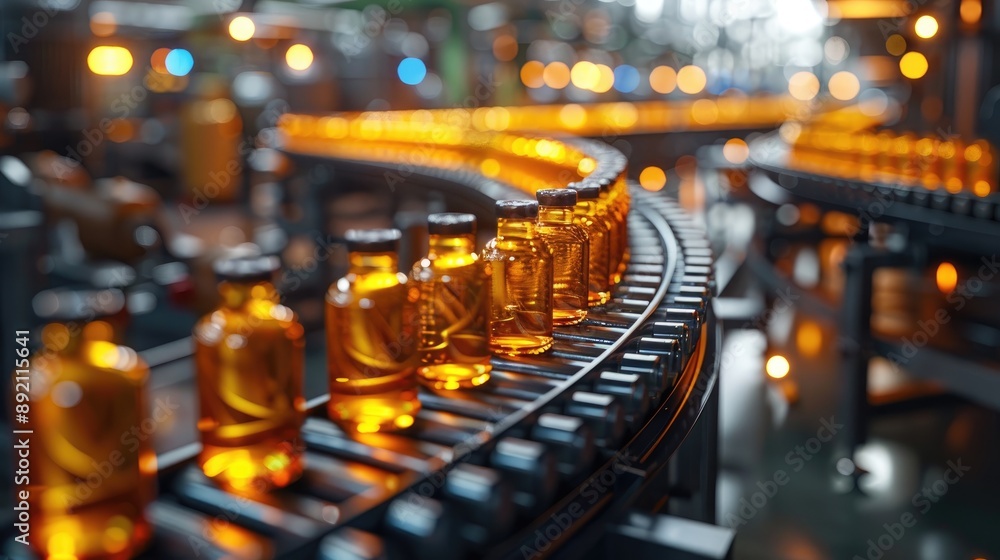 Conveyor belt in a modern factory producing glass bottles filled with amber liquid, showcasing efficient industrial automation and manufacturing processes. Conveyor belt in a modern factory producing glass bottles filled with amber liquid, showcasing efficient industrial automation and manufacturing processes.