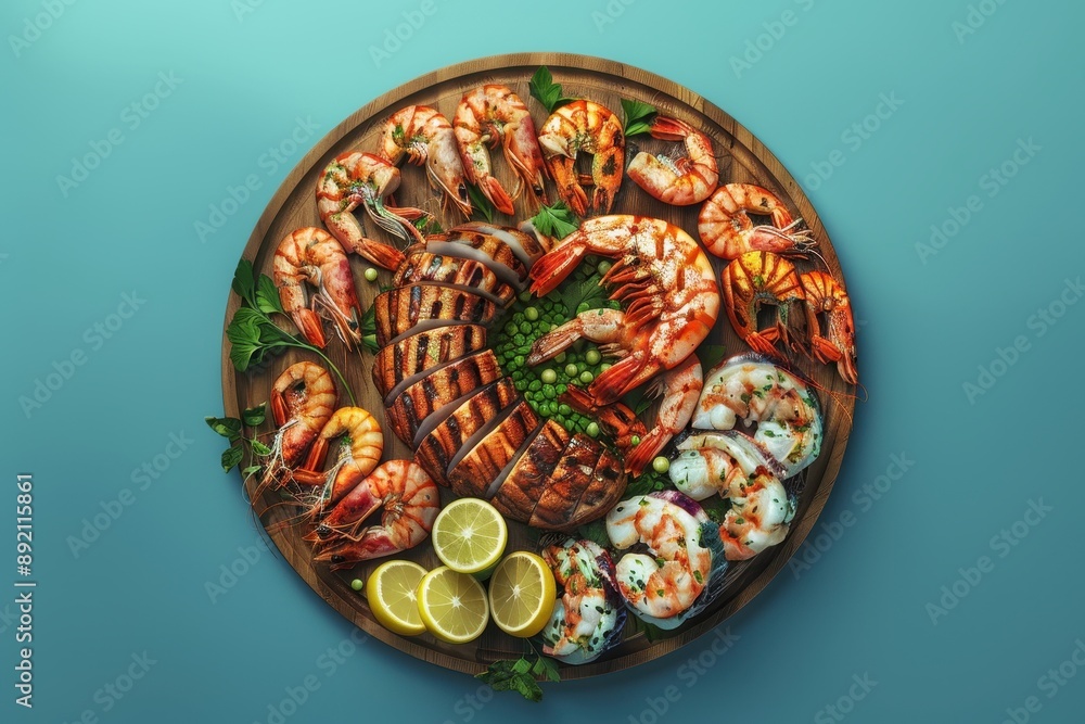 Naklejka premium A variety of seafood is displayed on a wooden cutting board, including shrimp