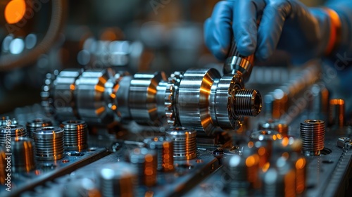 Engineer working on precision machinery in a factory setting, showcasing industrial engineering and technical expertise with metal components.