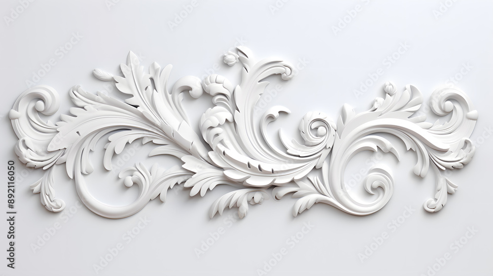 3D illustration of white decorative relief beautiful detailed ornament with acanthus leaves decoration in baroque style isolated on white background 3D illustration of white decorative relief beautiful detailed ornament with acanthus leaves decoration in baroque style isolated on white background