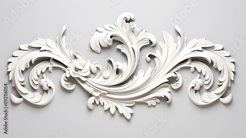 3D illustration of white decorative relief beautiful detailed ornament with acanthus leaves decoration in baroque style isolated on white background