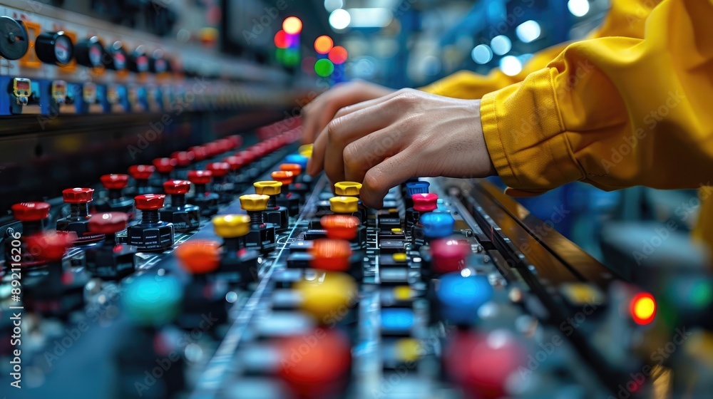 Hands adjusting controls on a soundboard in a recording studio, emphasizing creative sound design and technical expertise. Hands adjusting controls on a soundboard in a recording studio, emphasizing creative sound design and technical expertise.