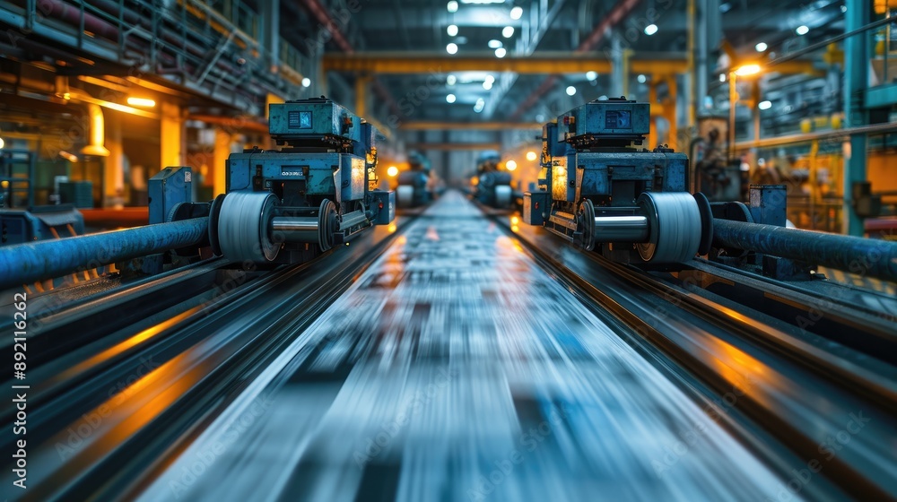 High-speed printing press in operation at an industrial facility, illustrating rapid production and technological advancement. High-speed printing press in operation at an industrial facility, illustrating rapid production and technological advancement.