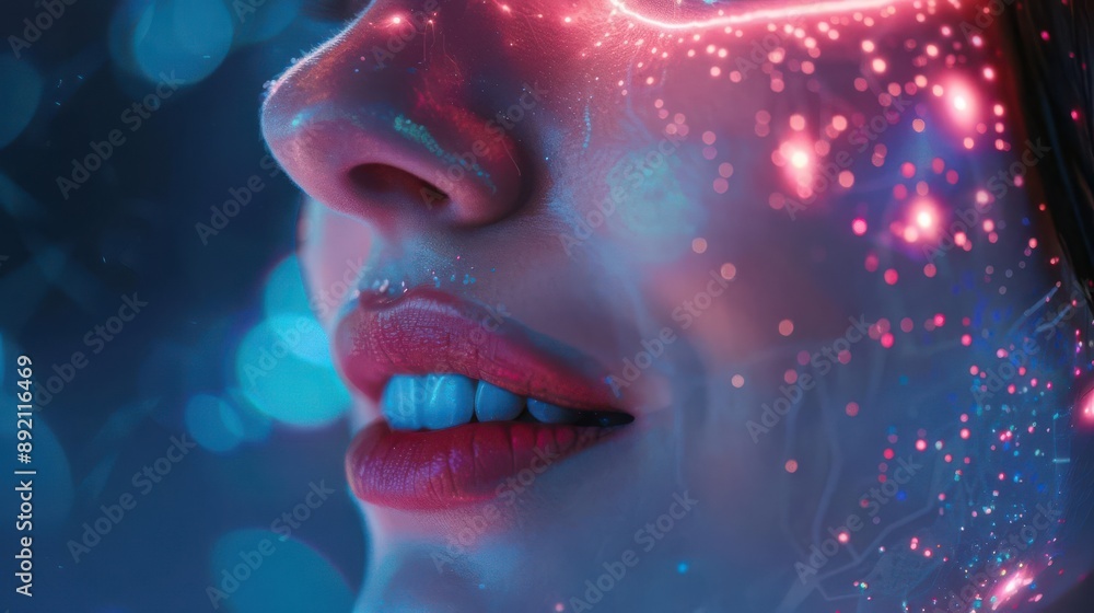 Close-up of a woman's face with glowing red lines and dots. Abstract futuristic concept. Close-up of a woman's face with glowing red lines and dots. Abstract futuristic concept.